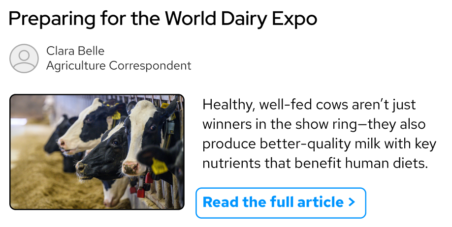 Sample content card with headline for World Dairy Expo and picture of cows at fence line feeder and a button to read the full article.