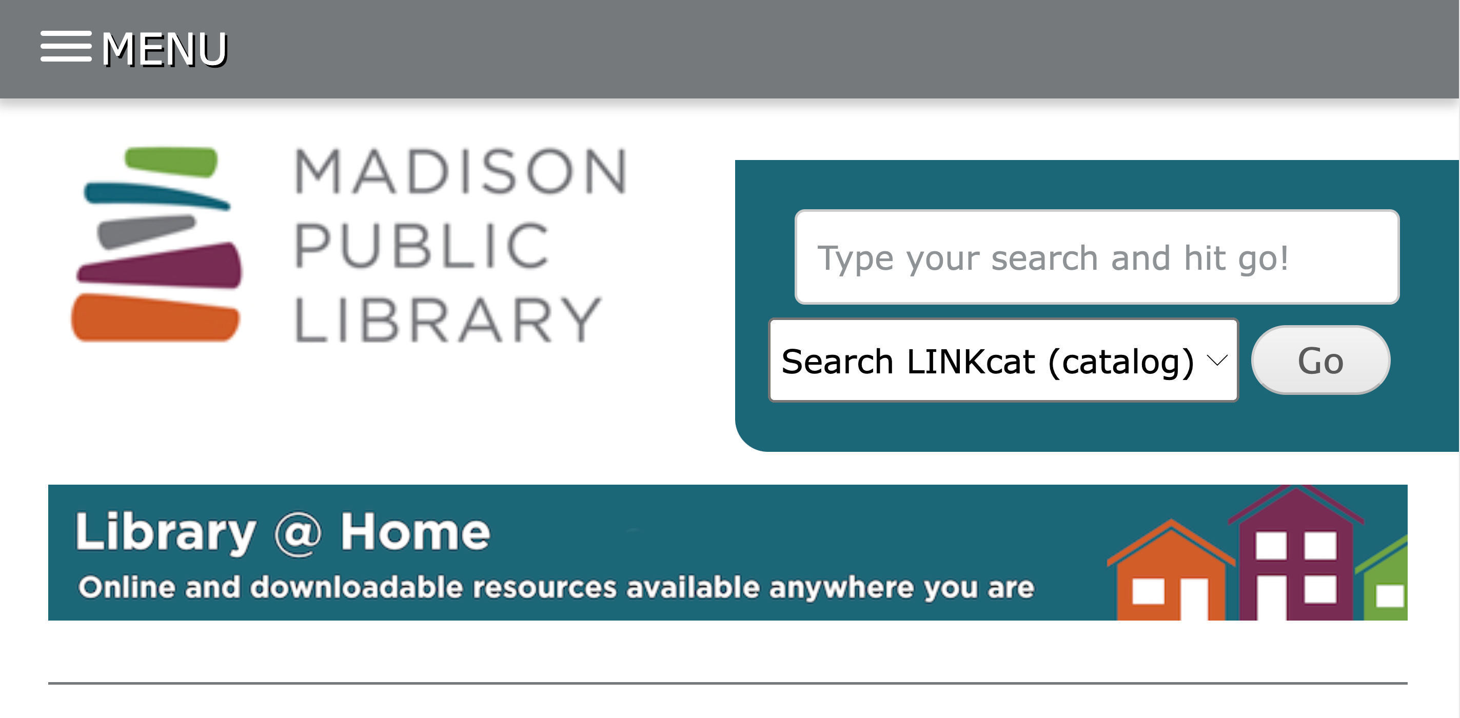 Madison Public Library home page magnified at 250% showing a collapsed navigation menu, library logo, and search bar.