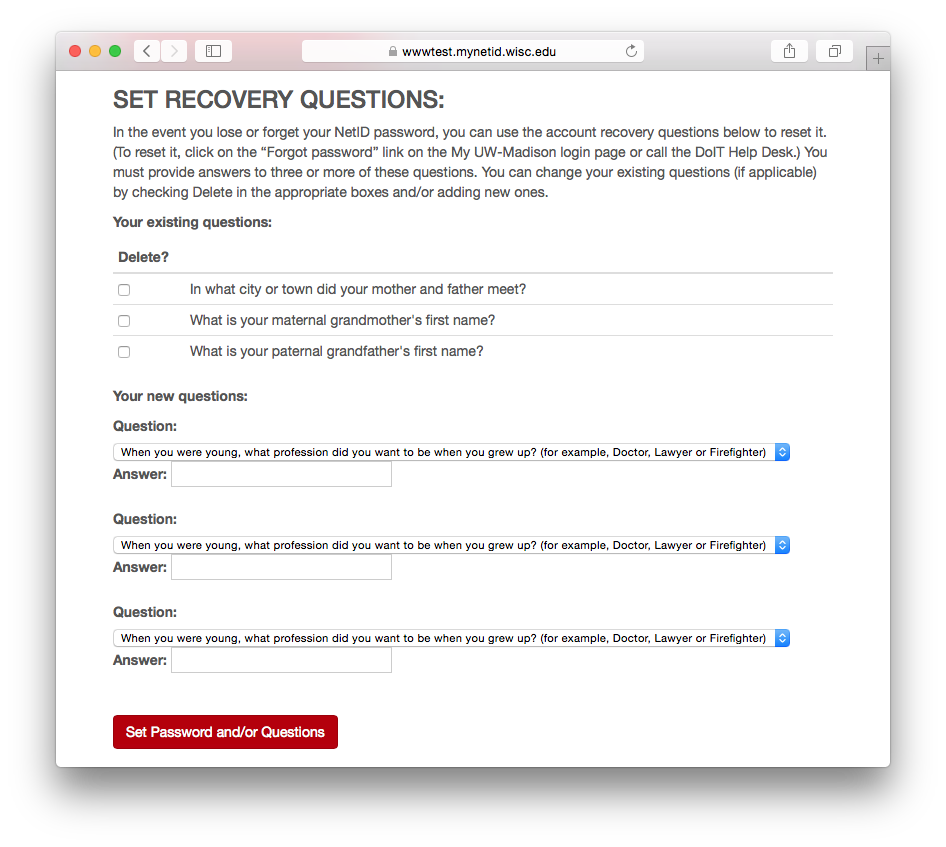 Net ID: Set recovery questions