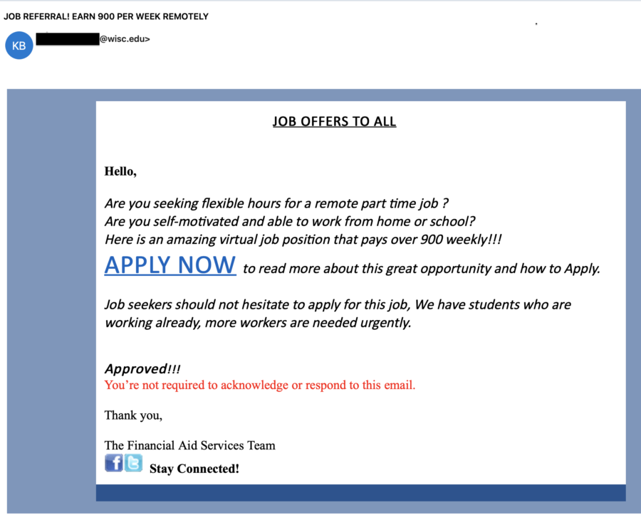 Phishing email of a job scam
