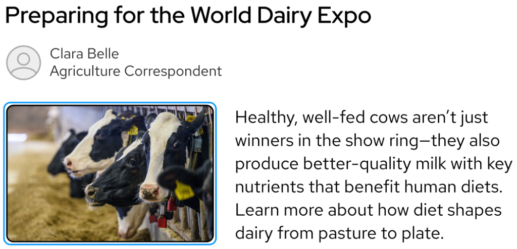 Sample content card with headline for World Dairy Expo and picture of cows at fence line feeder with focus indicator on the image