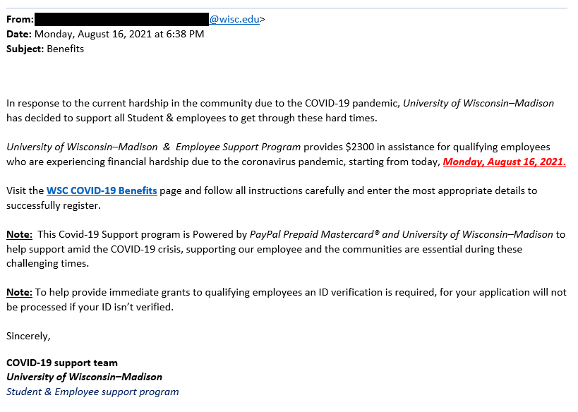 Screenshot of phishing message