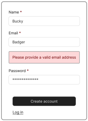 Completed form with fields for Name, Email, and Password. Error alerts user to an invalid email entry.