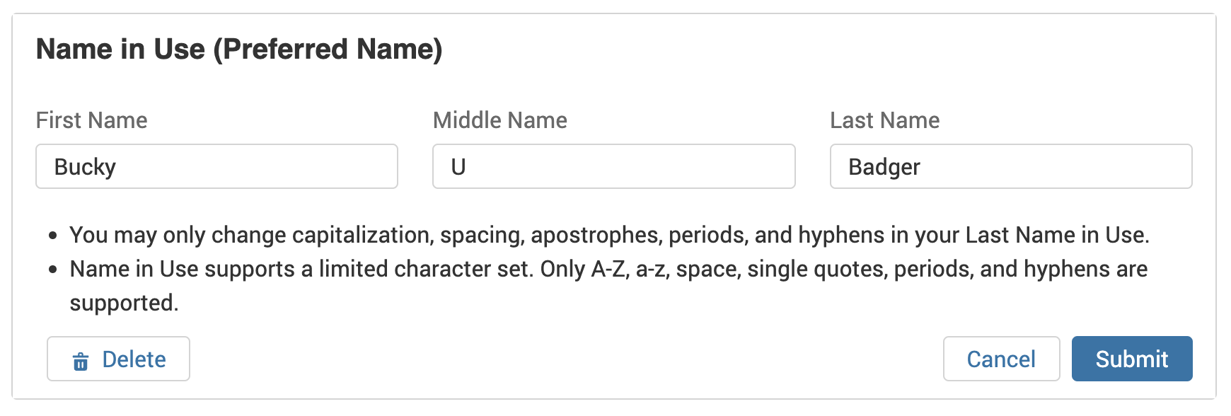 Screenshot showing a web page with a form for updating your first, middle and last name in your Name in Use.