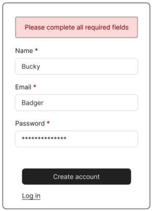 Completed form with required fields for name, email, and password. An error at the top alerts the user to fill all required fields.
