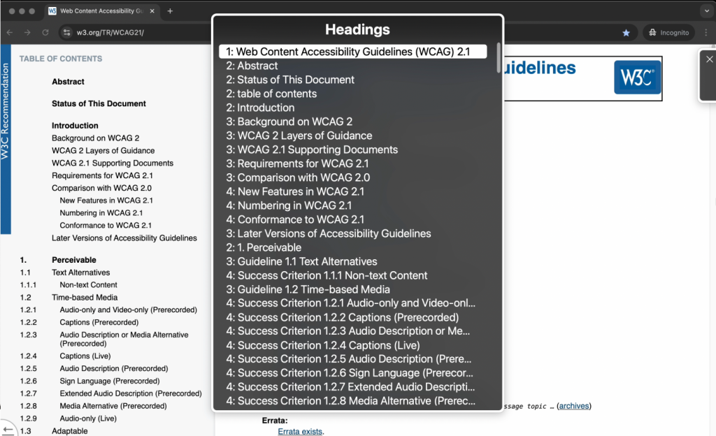 Headings rotor menu on the WCAG 2.1 website